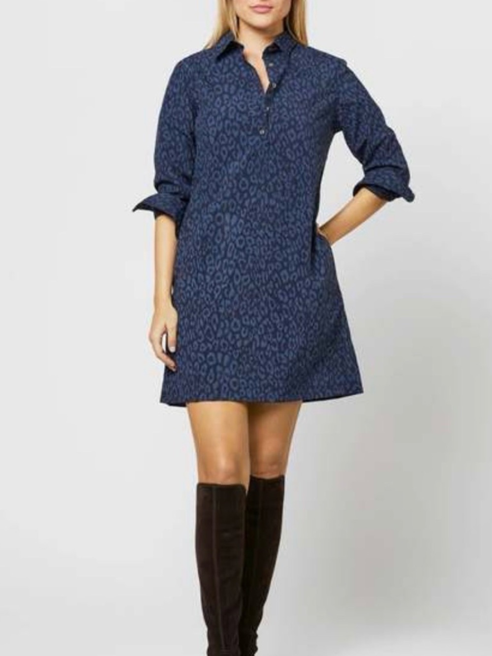 Ann Mashburn Popover Shirt Dress Blue Navy Leopard Print Pockets Size S